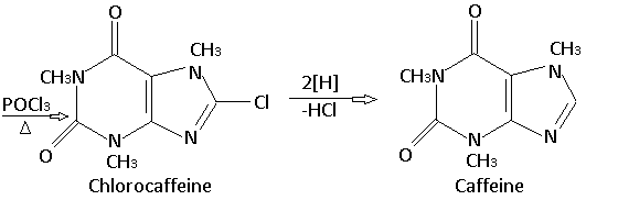 CH3
CH3
CH3N
N.
CH&N
N,
2[H]
POCI3
-HCI
A
'N'
N'
'N'
N.
CH3
CH3
Chlorocaffeine
Caffeine
