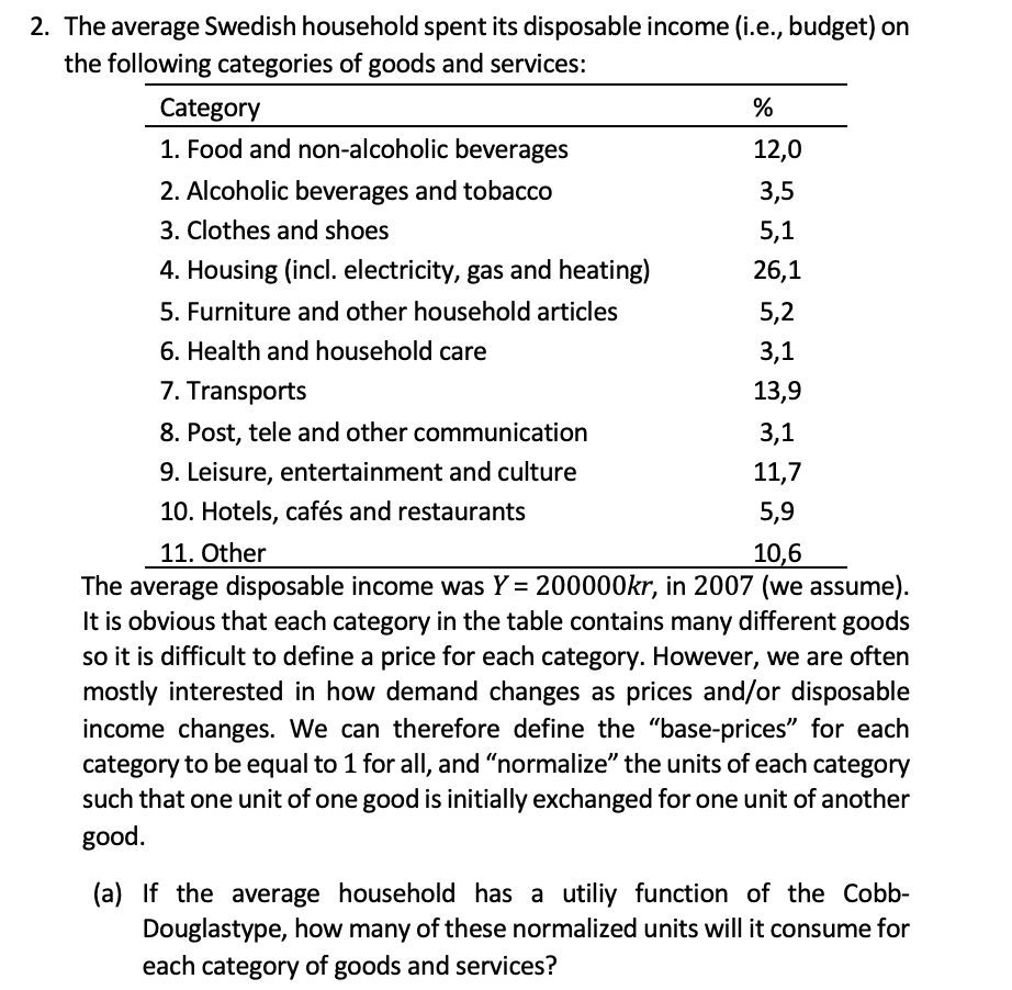 2. The average Swedish household spent its disposable income (i.e., budget) on
the following categories of goods and services:
Category
1. Food and non-alcoholic beverages
%
12,0
2. Alcoholic beverages and tobacco
3,5
3. Clothes and shoes
5,1
4. Housing (incl. electricity, gas and heating)
26,1
5. Furniture and other household articles
5,2
6. Health and household care
3,1
7. Transports
13,9
8. Post, tele and other communication
3,1
9. Leisure, entertainment and culture
11,7
10. Hotels, cafés and restaurants
5,9
11. Other
10,6
The average disposable income was Y = 200000kr, in 2007 (we assume).
It is obvious that each category in the table contains many different goods
so it is difficult to define a price for each category. However, we are often
mostly interested in how demand changes as prices and/or disposable
income changes. We can therefore define the "base-prices" for each
category to be equal to 1 for all, and "normalize" the units of each category
such that one unit of one good is initially exchanged for one unit of another
good.
household has a utiliy function of the Cobb-
(a) If the average
Douglastype, how many of these normalized units will it consume for
each category of goods and services?
