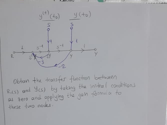 y(4)
(t)
y(to)
Sイ
R
3.
-2
Obtan the transfer functron between
Res) and Ys) by taking the initral condhtions
as zero and opplying
these two nodes.
the gan formula to
り0-
