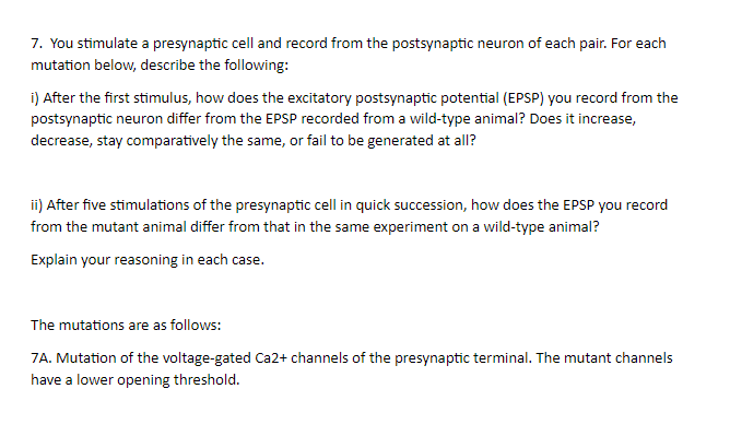 7. You stimulate a presynaptic cell and record from the postsynaptic neuron of each pair. For each
mutation below, describe the following:
i) After the first stimulus, how does the excitatory postsynaptic potential (EPSP) you record from the
postsynaptic neuron differ from the EPSP recorded from a wild-type animal? Does it increase,
decrease, stay comparatively the same, or fail to be generated at all?
ii) After five stimulations of the presynaptic cell in quick succession, how does the EPSP you record
from the mutant animal differ from that in the same experiment on a wild-type animal?
Explain your reasoning in each case.
The mutations are as follows:
7A. Mutation of the voltage-gated Ca2+ channels of the presynaptic terminal. The mutant channels
have a lower opening threshold.
