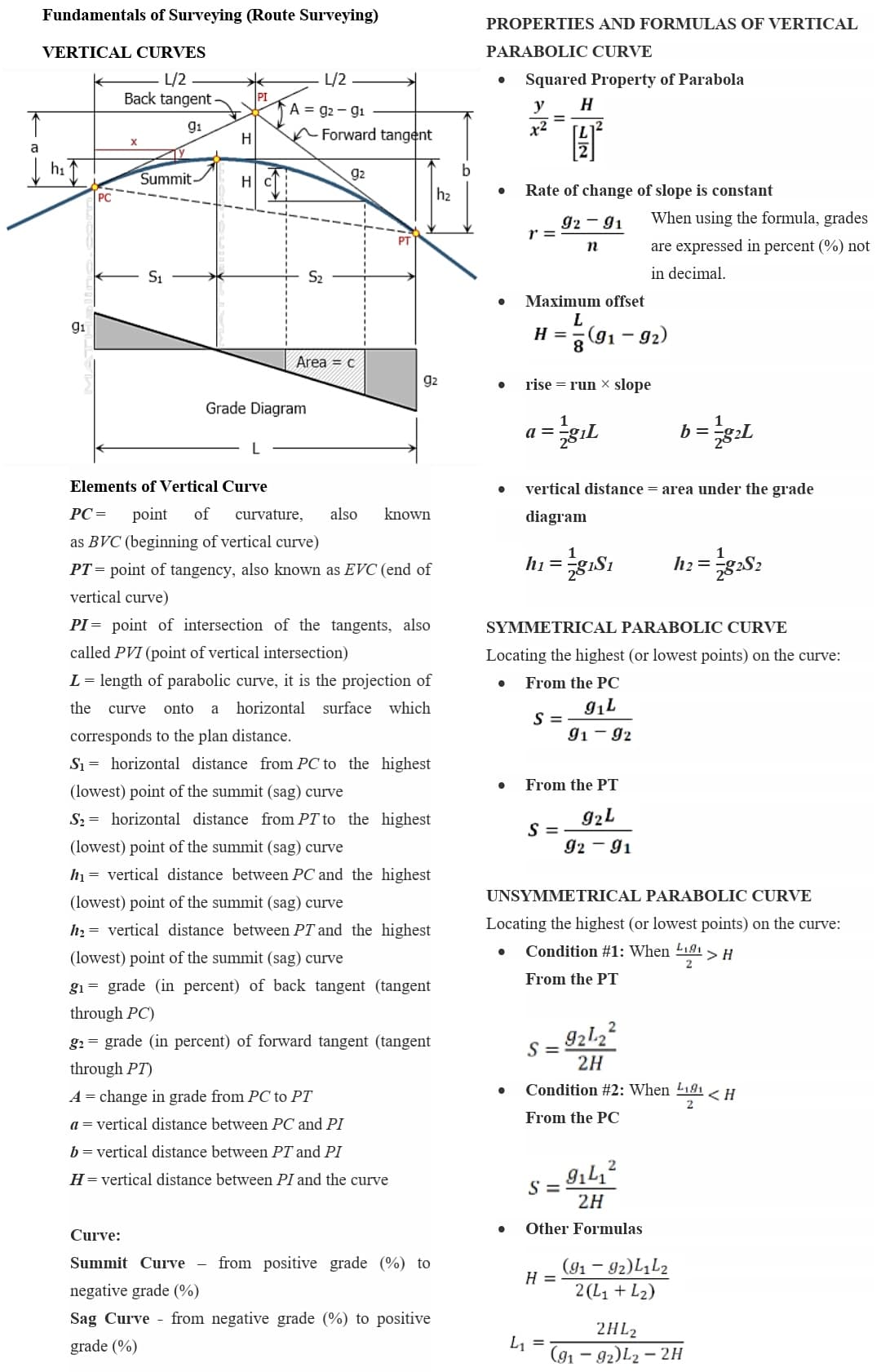 Fundamentals of Surveying (Route Surveying)
PROPERTIES AND FORMULAS OF VERTICAL
VERTICAL CURVES
PARABOLIC CURVE
L/2
L/2
Back tangent
Squared Property of Parabola
A = g2 - gi
y
H
gi
n Forward tangent
x2
H
a
I hi
Summit
g2
b
h2
Rate of change of slope is constant
92 - 91
r = :
When using the formula, grades
PT
are expressed in percent (%) not
S1
S2
in decimal.
Maximum offset
L
H =
(91 – 92)
gi
8
Area = c
g2
rise = run x slope
Grade Diagram
b= g:L
a =
Elements of Vertical Curve
vertical distance = area under the grade
PC=
point
of
curvature,
also
known
diagram
as BVC (beginning of vertical curve)
hi =
h2=g2S2
PT = point of tangency, also known as EVC (end of
vertical curve)
PI = point of intersection of the tangents, also
SYMMETRICAL PARABOLIC CURVE
called PVI (point of vertical intersection)
Locating the highest (or lowest points) on the curve:
L= length of parabolic curve, it is the projection of
From the PC
the
curve
onto
a
horizontal
surface which
corresponds to the plan distance.
= S
91 - 92
S1 = horizontal distance from PC to the highest
From the PT
(lowest) point of the summit (sag) curve
S2 = horizontal distance from PT to the highest
92L
S =
92 - 91
(lowest) point of the summit (sag) curve
hh = vertical distance between PC and the highest
UNSYMMETRICAL PARABOLIC CURVE
(lowest) point of the summit (sag) curve
h2 = vertical distance between PT and the highest
Locating the highest (or lowest points) on the curve:
Condition #1: When L191
(lowest) point of the summit (sag) curve
>H
2
From the PT
gi = grade (in percent) of back tangent (tangent
through PC)
S = 92l2?
2H
g2 = grade (in percent) of forward tangent (tangent
through PT)
A = change in grade from PC to PT
Condition #2: When 191
< H
From the PC
a = vertical distance between PC and PI
b = vertical distance between PT and PI
2
H=vertical distance between PI and the curve
S =
2H
Other Formulas
Curve:
from positive grade (%) to
(91 – 92)L1L2
2 (L1 + L2)
Summit Curve
H =
negative grade (%)
Sag Curve - from negative grade (%) to positive
2HL2
grade (%)
L, =
(91 – 92)L2 – 2H
