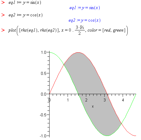 egl = y = sin(x)
egl =y= sin(x)
> eq2 := y = cos(x)
eq2 =y= cos(x)
3.Pi
> plot [rhs(eql), rhs(eq2)], x = 0..
color = [red, green] |
1.04
0.5-
0.0
1
2
3
4
-0.5-
-1.0
