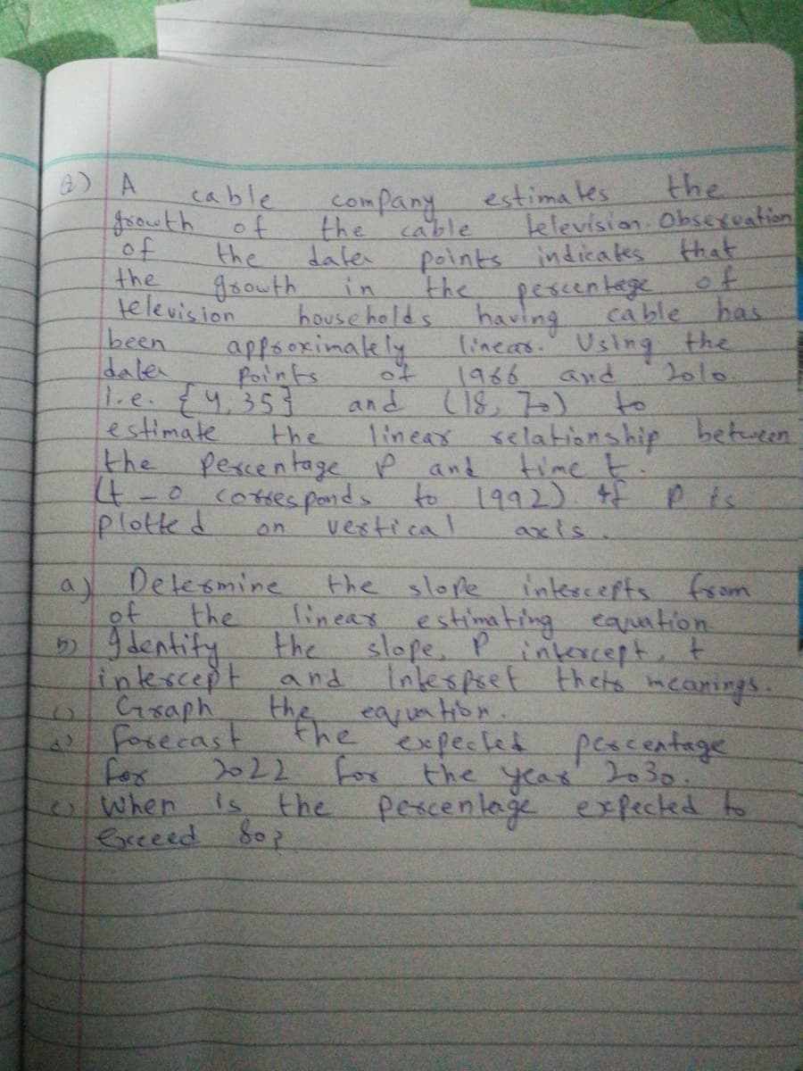 the
estima tes
television. Obsexcation
cable
company
frouth of
of
the
cable
points indicates that
the pescentege of
the
date
in
house holds
the
gsouth
television
having
cable has
been
Idalen
1. ९. {१.३5१.
estimate
lineas. Usingg the
1986
2010
of
and 1s, 7o) to
lineax selatisnship between
Points
and
the
पन
cotespands to 1992). 4f p ts
Pexcentage P and
time t.
(4-0
on
vertical
axls.
Delesmine
र ,\ore
ineax estimating
slope. P
Intespret theta meanings.
intescepts fo om
equation.
intercept, t
of
the
lentify the
सिलणनाछ ब
intercept and
Csaph
forecast
fox
Is the pescenlage exfected to
Greeed 8op
the eaun Hion.
expected
peacentage
2022 for
the yeas 2030.
