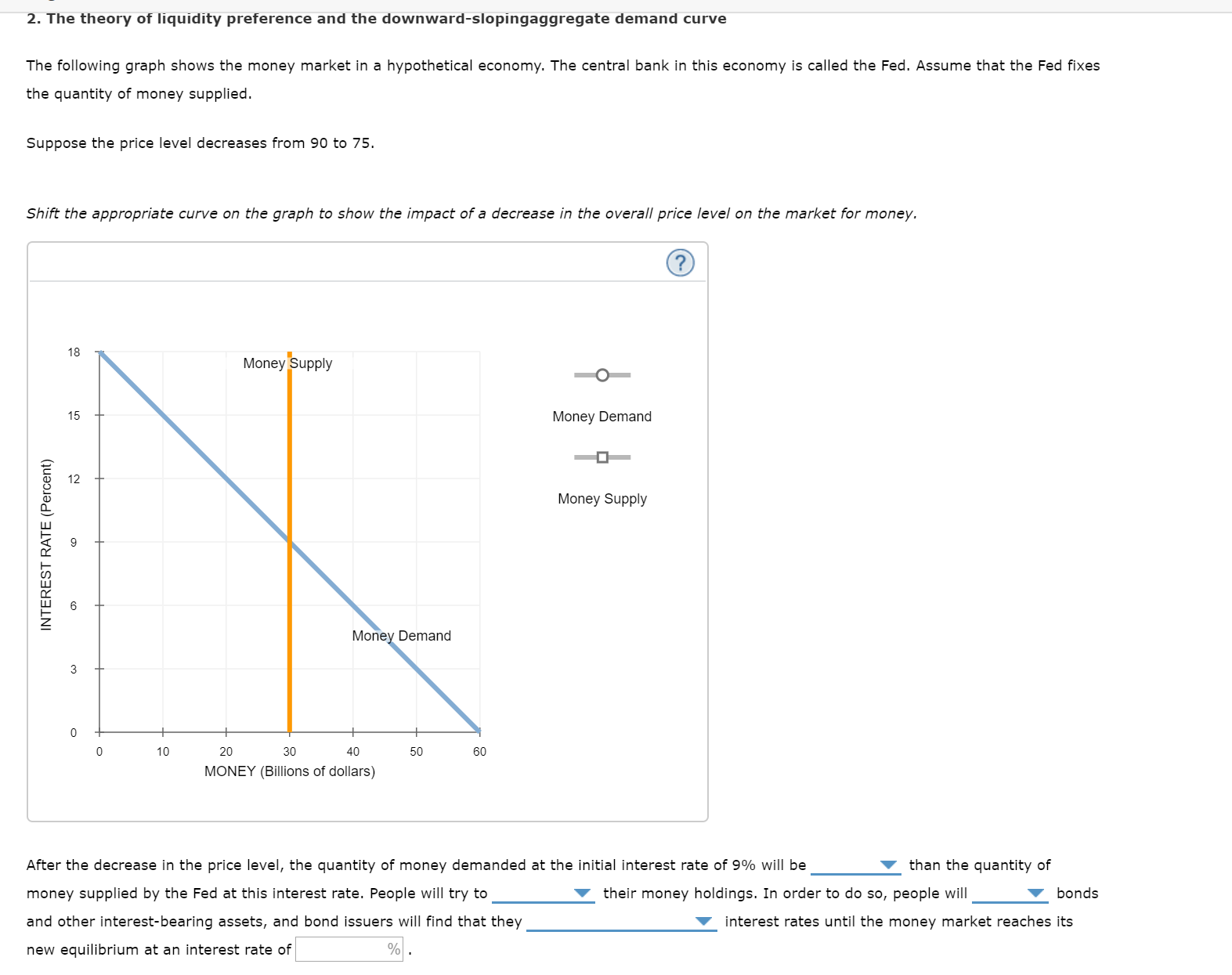 2. The theory of liquidity preference and the downward-slopingaggregate demand curve
The following graph shows the money market
a hypothetical economy. The central bank in this economy is called the Fed. Assume that the Fed fixes
the quantity of money supplied.
Suppose the price level decreases from 90 to 75.
Shift the appropriate curve on the graph to show the impact of a decrease in the overall price level on the market for money.
18
Money Supply
15
Money Demand
12
Money Supply
Money Demand
3
10
30
40
50
60
MONEY (Billions of dollars)
than the quantity of
After the decrease in the price level, the quantity of money demanded at the initial interest rate of 9% will be
money supplied by the Fed at this interest rate. People will try to
their money holdings. In order to do so, people will
bonds
and other interest-bearing assets, and bond issuers will find that they
interest rates until the money market reaches its
new equilibrium at an interest rate of
INTEREST RATE (Percent)
