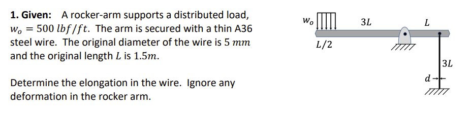 1. Given: A rocker-arm supports a distributed load,
wo = 500 lbf/ft. The arm is secured with a thin A36
steel wire. The original diameter of the wire is 5 mm
and the original length L is 1.5m.
Determine the elongation in the wire. Ignore any
deformation in the rocker arm.
Wo
L/2
3L
L
d→
777
3L