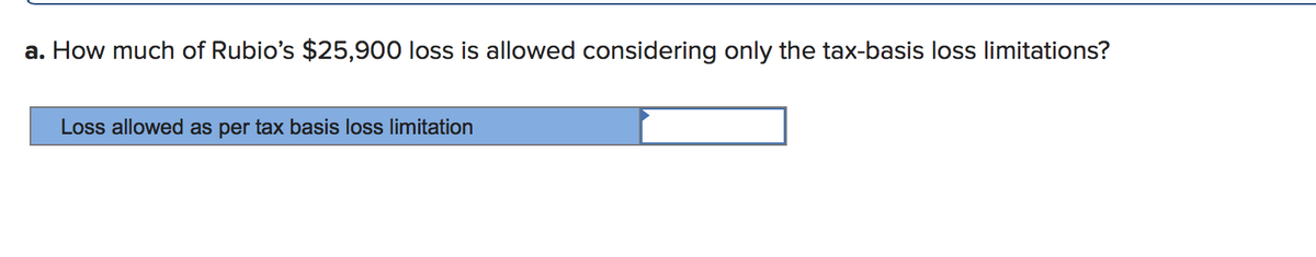 a. How much of Rubio's $25,900 loss is allowed considering only the tax-basis loss limitations?
Loss allowed as per tax basis loss limitation