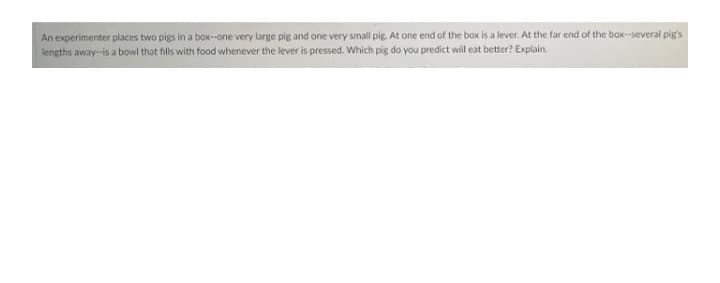 An experimenter places two pigs in a box-one very large pig and one very small pig, At one end of the box is a lever. At the far end of the box--several pig's
lengths away-is a bowl that fills with food whenever the lever is pressed. Which pig do you predict will eat better? Explain.
