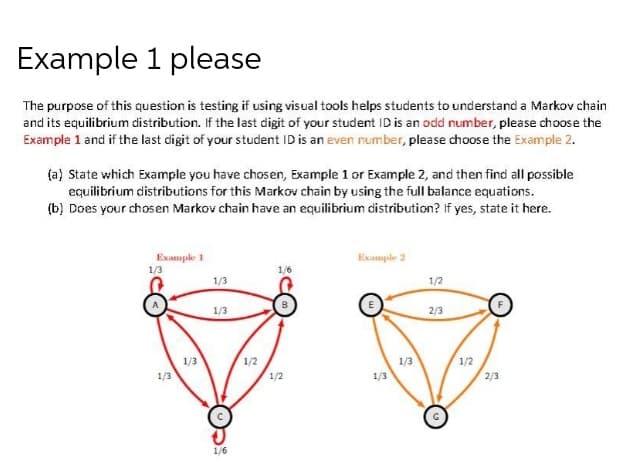 Example 1 please
The purpose of this question is testing if using visual tools helps students to understand a Markov chain
and its equilibrium distribution. If the last digit of your student ID is an odd number, please choose the
Example 1 and if the last digit of your student ID is an even number, please choose the Example 2.
(a) State which Example you have chosen, Example 1 or Example 2, and then find all possible
equilibrium distributions for this Markov chain by using the full balance equations.
(b) Does your chosen Markov chain have an equilibrium distribution? If yes, state it here.
Example 1
1/3
Example 2
1/6
1/3
1/2
1/3
2/3
1/3
1/2
1/3
1/3
1/2
1/3
1/2
2/3
1/6
