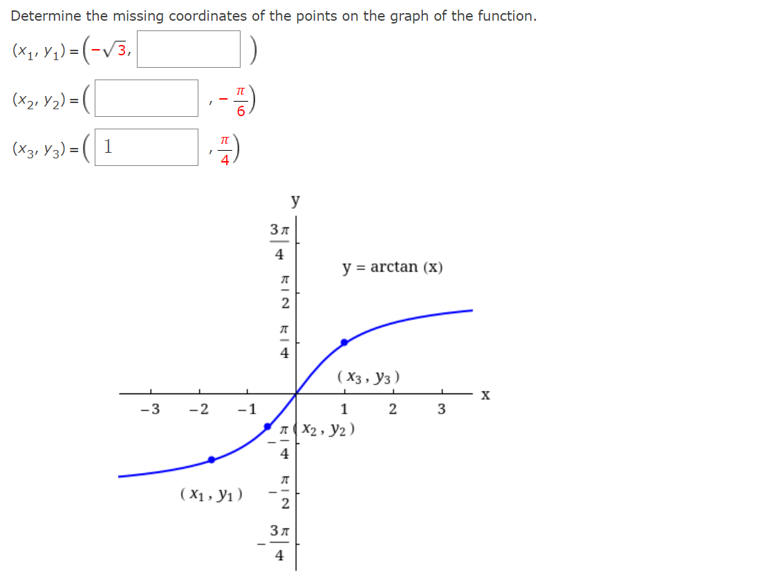Determine the missing coordinates of the points on the graph of the function.
(X₁, X₁) = (-√3₁
(X₂₁ Y₂) = (
(X3, Y3) = 1
y
y = arctan (x)
4
(X3, Y3)
1
2
TX2, Y2)
4
- 3
-2 -1
(X₁, y₁)
Зл
5+KIN KIT
4
2
ग
KIN
2
Зл
4
3
X