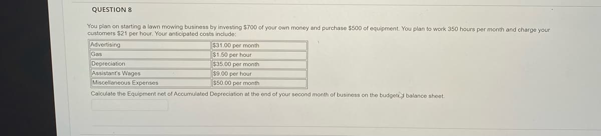 QUESTION 8
You plan on starting a lawn mowing business by investing $700 of your own money and purchase $500 of equipment. You plan to work 350 hours per month and charge your
customers $21 per hour. Your anticipated costs include:
Advertising
$31.00 per month
$1.50 per hour
$35.00 per month
Gas
Depreciation
Assistant's Wages
Miscellaneous Expenses
$9.00 per hour
$50.00 per month
Calculate the Equipment net of Accumulated Depreciation at the end of your second month of business on the budgett balance sheet.
