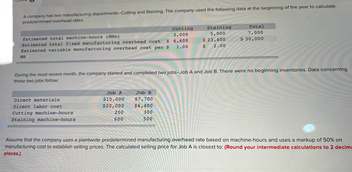 A company has two manufacturing departments-Cutting and Staining. The company used the following data at the beginning of the year to calculate
predetermined overhead rates:
Estimated total machine-hours (MHS)
$
Estimated total fixed manufacturing overhead cost
Estimated variable manufacturing overhead cost per $
MH
Direct materials
Direct labor cost
Cutting machine-hours
Staining machine-hours
Job A
$15,000
$20,000
During the most recent month, the company started and completed two jobs-Job A and Job B. There were no beginning inventories. Data concerning
those two jobs follow:
200
600
Job B
$7,700
$6,400
Cutting
2,000
6,600
1.00
300
500
Staining
5,000
$ 23,400
2.00
$
Total
7,000
$ 30,000
Assume that the company uses a plantwide predetermined manufacturing overhead rate based on machine-hours and uses a markup of 50% on
manufacturing cost to establish selling prices. The calculated selling price for Job A is closest to: (Round your intermediate calculations to 2 decima
places.)