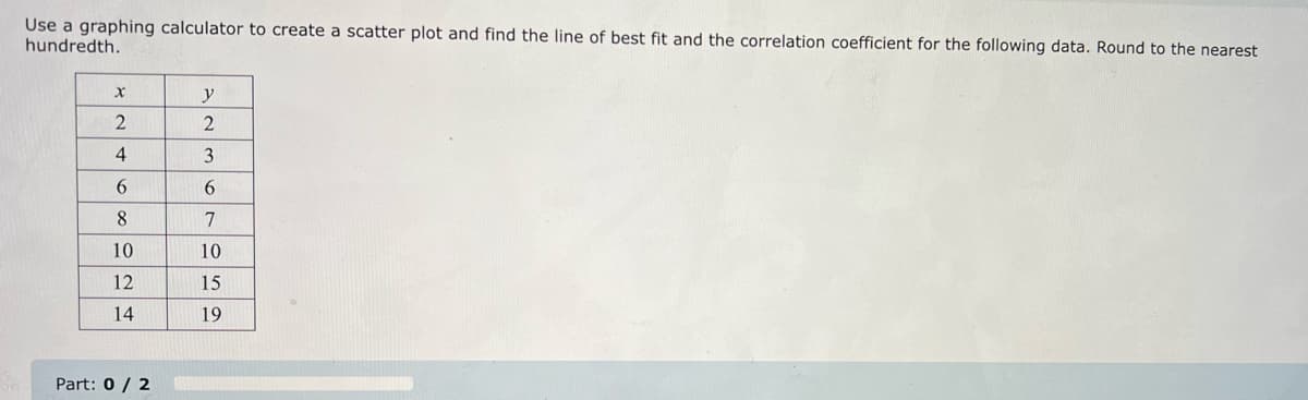 Use a graphing calculator to create a scatter plot and find the line of best fit and the correlation coefficient for the following data. Round to the nearest
hundredth.
X
2
4
6
8124
10
Part: 0/2
y
2
3
6
7
10
15
19