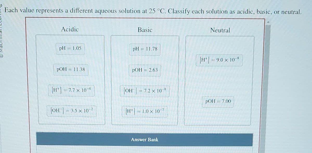 Each value represents a different aqueous solution at 25 °C. Classify each solution as acidic, basic, or neutral.
Acidic
pH = 1.05
pOH = 11.38
[H+] = 7.7 x 10-4
[OH-] = 3.5 × 10-²
Basic
pH = 11.78
pOH = 2.63
-
[OH-] = 7.2 x 10-8
[H+] = 1.0 x 10-7
Answer Bank
Neutral
= 9.0 × 10-8
pOH = 7.00