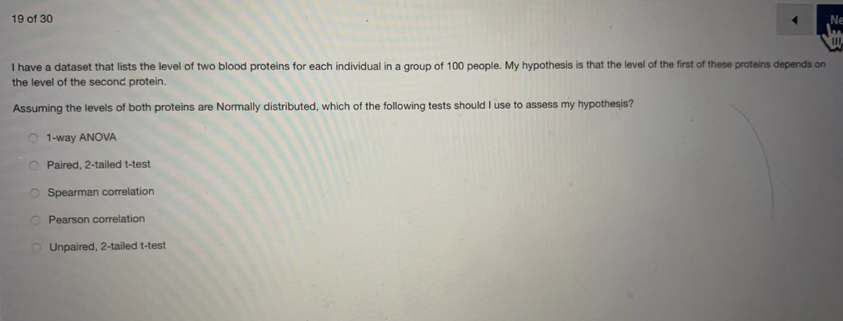 19 of 30
Ne
II
I have a dataset that lists the level of two blood proteins for each individual in a group of 100 people. My hypothesis is that the level of the first of these proteins depends on
the level of the second protein.
Assuming the levels of both proteins are Normally distributed, which of the following tests should I use to assess my hypothesis?
1-way ANOVA
Paired, 2-tailed t-test
O Spearman correlation
Pearson correlation
Unpaired, 2-tailed t-test
