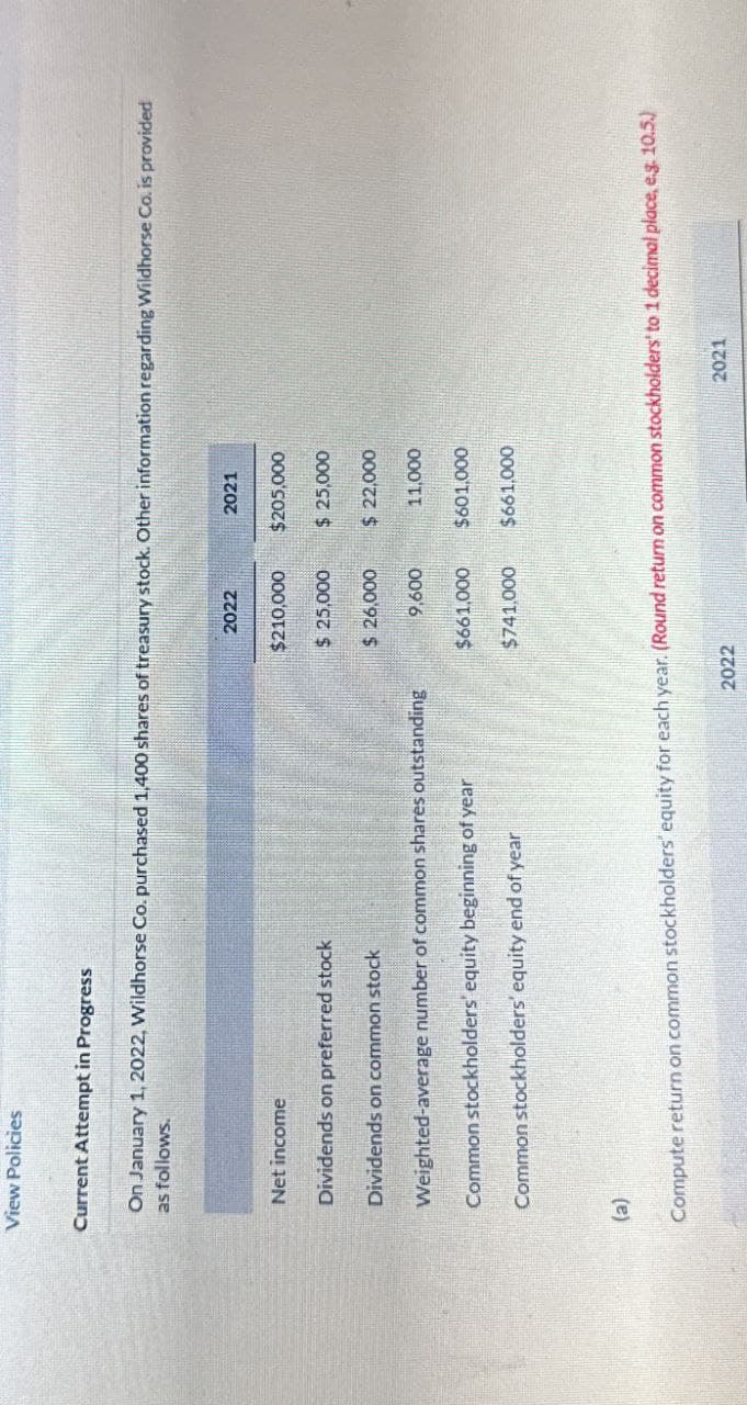 View Policies
Current Attempt in Progress
On January 1, 2022, Wildhorse Co. purchased 1,400 shares of treasury stock. Other information regarding Wildhorse Co. is provided
as follows.
2022
2021
Net income
Dividends on preferred stock
$210,000
$205,000
$ 25,000
$ 25,000
Dividends on common stock
$ 26,000
$ 22,000
Weighted-average number of common shares outstanding
9,600
11,000
Common stockholders' equity beginning of year
$661,000
$601,000
Common stockholders' equity end of year
$741,000
$661,000
(a)
Compute return on common stockholders' equity for each year. (Round return on common stockholders' to 1 decimal place, e.g. 10.5.)
2022
2021