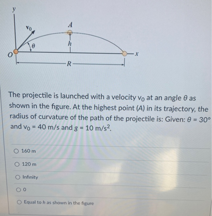 A
R-
The projectile is launched with a velocity vo at an angle 0 as
shown in the figure. At the highest point (A) in its trajectory, the
radius of curvature of the path of the projectile is: Given: 0 = 30°
and vo = 40 m/s and g = 10 m/s².
%3D
O 160 m
O 120 m
O Infinity
O Equal to h as shown in the figure
