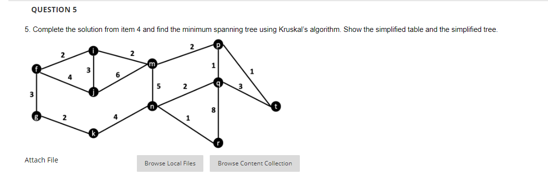 QUESTION 5
5. Complete the solution from item 4 and find the minimum spanning tree using Kruskal's algorithm. Show the simplified table and the simplified tree.
2
4
5
2
q.
n
4
1
Attach File
Browse Local Files
Browse Content Collection
