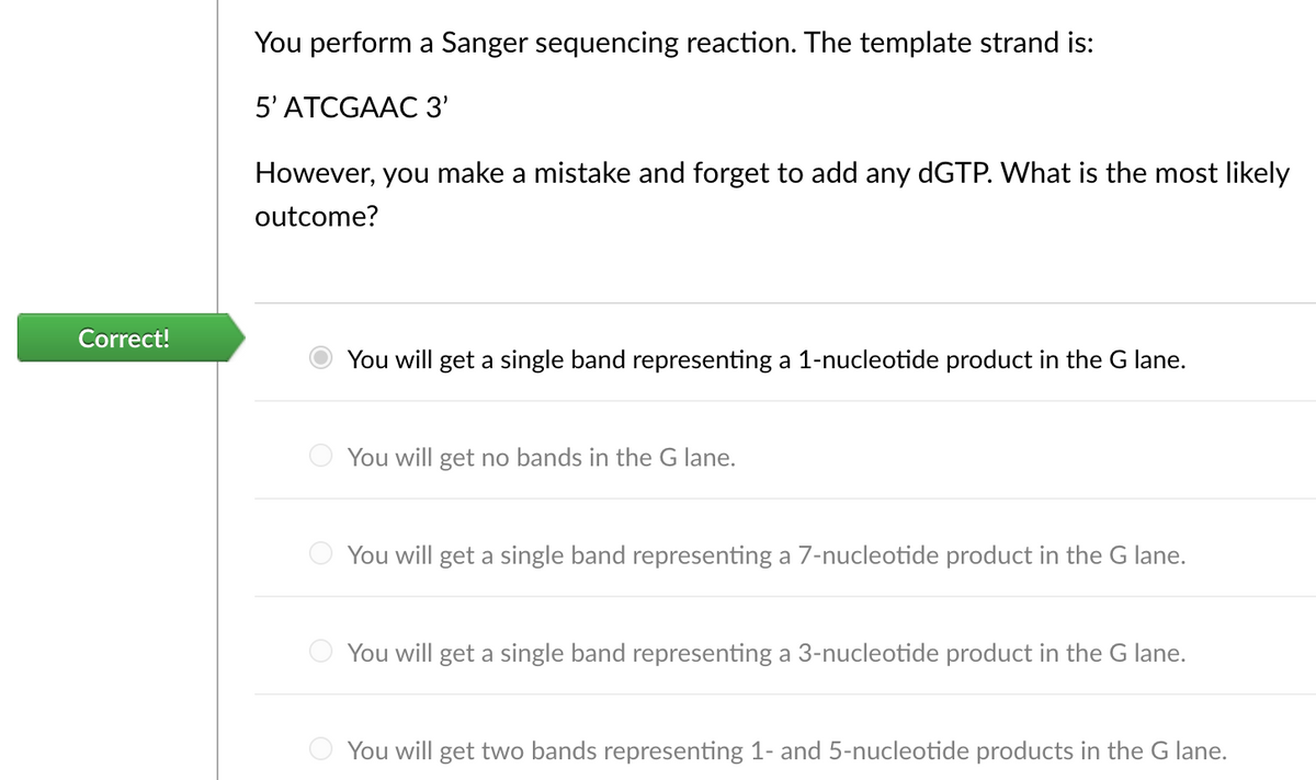 Correct!
You perform a Sanger sequencing reaction. The template strand is:
5' ATCGAAC 3'
However, you make a mistake and forget to add any dGTP. What is the most likely
outcome?
You will get a single band representing a 1-nucleotide product in the G lane.
You will get no bands in the G lane.
You will get a single band representing a 7-nucleotide product in the G lane.
You will get a single band representing a 3-nucleotide product in the G lane.
You will get two bands representing 1- and 5-nucleotide products in the G lane.