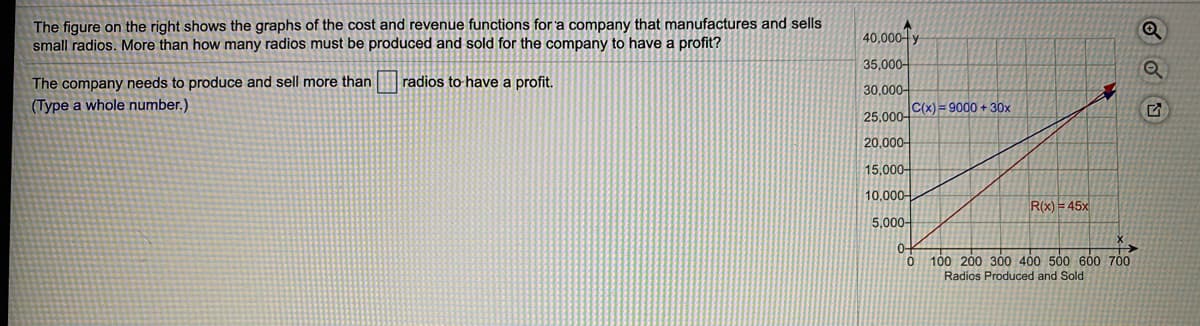 The figure on the right shows the graphs of the cost and revenue functions for a company that manufactures and sells
small radios. More than how many radios must be produced and sold for the company to have a profit?
40,000 y
35,000-
The company needs to produce and sell more than
(Type a whole number.)
radios to have a profit.
30,000-
C(x)= 9000 + 30x
25,000-
20,000-
15,000-
10,000-
R(x) = 45x
5,000-
0-
100 200 300 400 500 600 700
0.
Radios Produced and Sold

