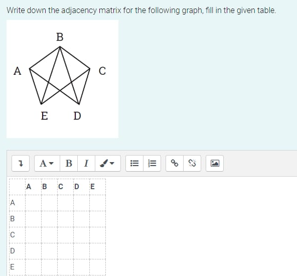 Write down the adjacency matrix for the following graph, fill in the given table.
A
A
B
C
D
E
1
B
E D
A BI
A B CDE
C