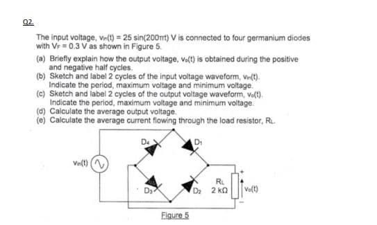 02.
The input voltage, Vin(t) = 25 sin(200mt) V is connected to four germanium diodes
with VF = 0.3 V as shown in Figure 5.
(a) Briefly explain how the output voltage, vo(t) is obtained during the positive
and negative half cycles.
(b) Sketch and label 2 cycles of the input voltage waveform, Vin(t).
Indicate the period, maximum voltage and minimum voltage.
(c) Sketch and label 2 cycles of the output voltage waveform, ve(t).
Indicate the period, maximum voltage and minimum voltage.
(d) Calculate the average output voltage.
(e) Calculate the average current flowing through the load resistor, R..
Vin(t) (~
Da
Figure 5
D₁
RL
D₂ 2 KQ
Vo(t)