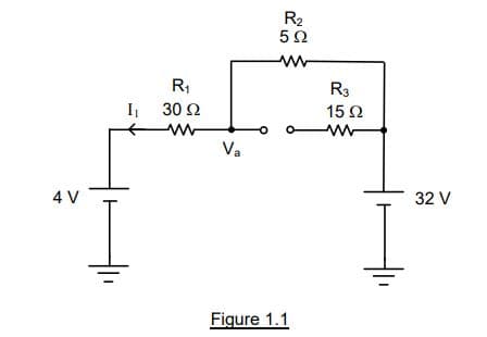 4V
I
R₁
30 Ω
ww
Va
R₂
5Ω
ww
Figure 1.1
R3
15Ω
Μ
32 V