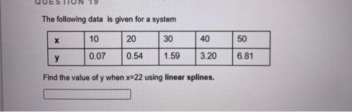 The following data is given for a system
10
20
30
0.07
0.54
1.59
X
y
40
3.20
Find the value of y when x=22 using linear splines.
50
6.81