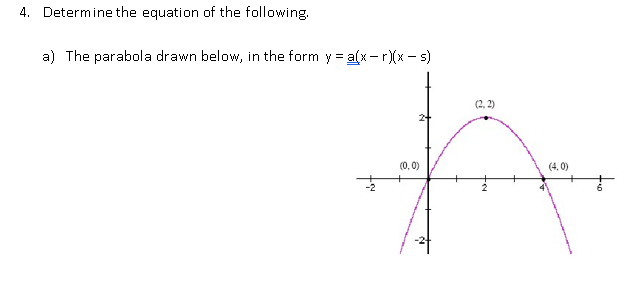 4. Determine the equation of the following.
a) The parabola drawn below, in the form y = a(x-r)(x – s)
(2, 2)
(0, 0)
(4, 0)
