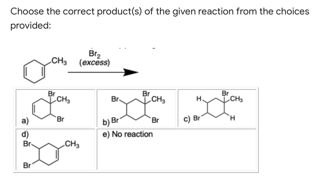 Choose the correct product(s) of the given reaction from the choices
provided:
Br2
.CHз (ехсess)
Br
.CH3
Br
CH3
Br
CH3
Br.
H.
H.
b) Br
e) No reaction
Br
Br
c) Br
d)
Br
CH3
Br
a)
