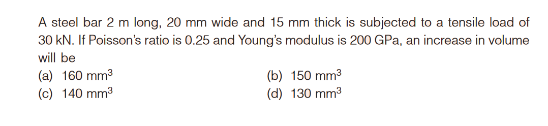 A steel bar 2 m long, 20 mm wide and 15 mm thick is subjected to a tensile load of
30 kN. If Poisson's ratio is 0.25 and Young's modulus is 200 GPa, an increase in volume
will be
(a) 160 mm³
(c) 140 mm³
(b) 150 mm³
(d) 130 mm³