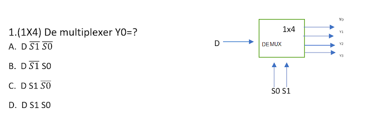 Yo
1x4
1.(1X4) De multiplexer YO=?
A. DS1 SO
Y1
D-
DE MUX
Y2
Y3
B. D S1 SO
C. D S1 SO
SO 51
D. D S1 SO
AA AA
