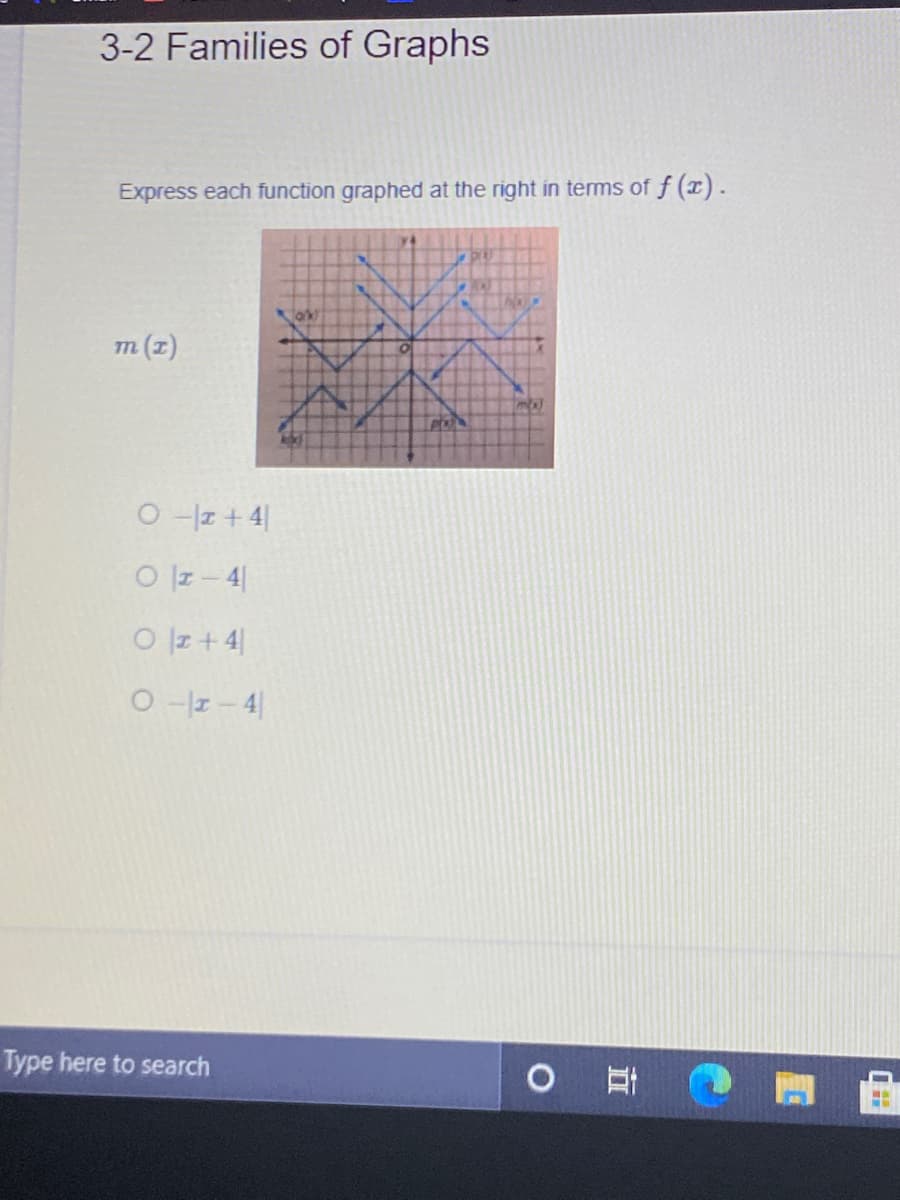 3-2 Families of Graphs
Express each function graphed at the right in terms of f (x).
m (z)
O z + 4|
O z- 4|
O z +4
O -z- 4|
Type here to search
