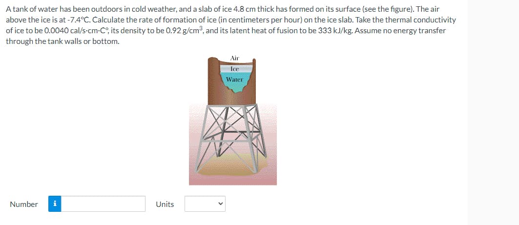 A tank of water has been outdoors in cold weather, and a slab of ice 4.8 cm thick has formed on its surface (see the figure). The air
above the ice is at -7.4°C. Calculate the rate of formation of ice (in centimeters per hour) on the ice slab. Take the thermal conductivity
of ice to be 0.0040 cal/s-cm-C, its density to be 0.92 g/cm2, and its latent heat of fusion to be 333 kJ/kg. Assume no energy transfer
through the tank walls or bottom.
Air
Ice
Water
Number
i
Units
