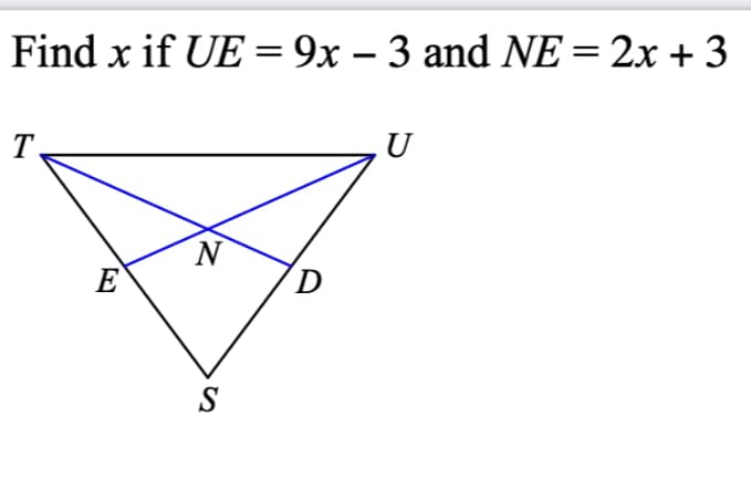 Find x if UE = 9x – 3 and NE = 2x + 3
T
U
E
D
S
