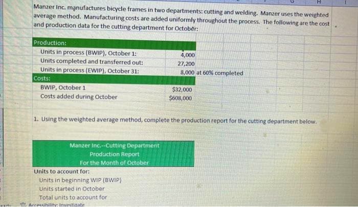 Teadu
H
Manzer Inc. manufactures bicycle frames in two departments: cutting and welding. Manzer uses the weighted
average method. Manufacturing costs are added uniformly throughout the process. The following are the cost
and production data for the cutting department for October:
Production:
Units in process (BWIP), October 1:
Units completed and transferred out:
Units in process (EWIP), October 31:
Costs:
BWIP, October 1
Costs added during October
Manzer Inc.--Cutting Department
Production Report
1. Using the weighted average method, complete the production report for the cutting department below.
For the Month of October
Units to account for:
Units in beginning WIP (BWIP)
Units started in October
Total units to account for
4,000
27,200
8,000 at 60% completed
Accessibility: Investigate
$32,000
$608,000