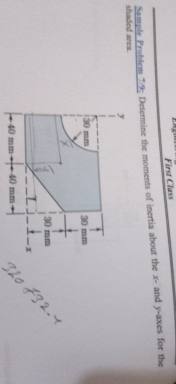 First Class
Sample Problem 7/9: Determine the moments of inertia about the x- and y-axes for the
shaded area.
130mm
30 mm
30 m
-40 mm
-40 mm→
320 732.4
