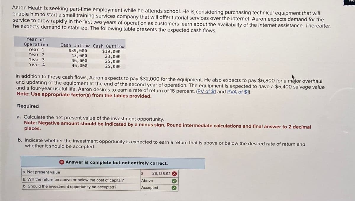 Aaron Heath is seeking part-time employment while he attends school. He is considering purchasing technical equipment that will
enable him to start a small training services company that will offer tutorial services over the Internet. Aaron expects demand for the
service to grow rapidly in the first two years of operation as customers learn about the availability of the Internet assistance. Thereafter,
he expects demand to stabilize. The following table presents the expected cash flows:
Year of
Operation
Cash Inflow Cash Outflow
Year 1
Year 2
Year 3
Year 4
$39,000
43,000
46,000
46,000
$19,000
23,000
25,000
25,000
In addition to these cash flows, Aaron expects to pay $32,000 for the equipment. He also expects to pay $6,800 for a major overhaul
and updating of the equipment at the end of the second year of operation. The equipment is expected to have a $5,400 salvage value
and a four-year useful life. Aaron desires to earn a rate of return of 16 percent. (PV of $1 and PVA of $1)
Note: Use appropriate factor(s) from the tables provided.
Required
a. Calculate the net present value of the investment opportunity.
Note: Negative amount should be indicated by a minus sign. Round intermediate calculations and final answer to 2 decimal
places.
b. Indicate whether the investment opportunity is expected to earn a return that is above or below the desired rate of return and
whether it should be accepted.
Answer is complete but not entirely correct.
a. Net present value
$
28,138.92 x
b. Will the return be above or below the cost of capital?
b. Should the investment opportunity be accepted?
Above
Accepted