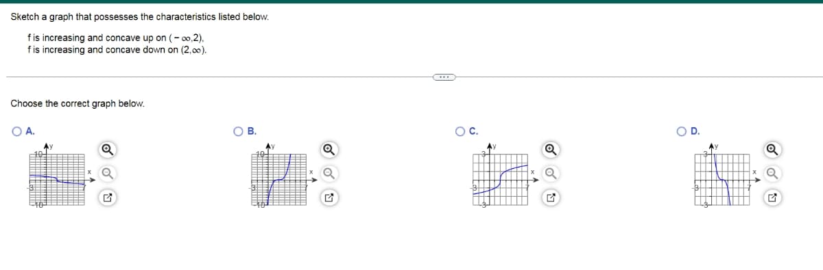 Sketch a graph that possesses the characteristics listed below.
f is increasing and concave up on (-∞0,2),
f is increasing and concave down on (2,00).
Choose the correct graph below.
B.
Q
Q
Q
(...)
O C.
Q
Q
G