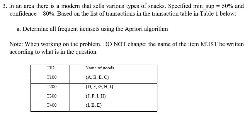 3. In an area there is a modern that sells various types of snacks. Specified min sup = 50% and
confidence = 80%. Based on the list of transactions in the transaction table in Table 1 below:
a. Determine all frequent itemsets using the Apriori algorithm
Note: When working on the problem, DO NOT change: the name of the item MUST be written
according to what is in the question
TID
Name of goods
T100
{A, B, E, C}
T200
{D, F, G, H, I}
Т300
{J, F, I, H}
T400
{1, В, Е}
