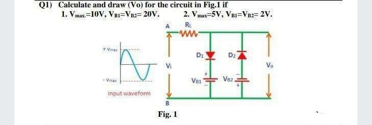 Q1) Calculate and draw (Vo) for the circuit in Fig.1 if
1. Vmax.=10V, VBI=VB2= 20V.
2. Vmax-5V, VBI=VB2= 2V.
A
RE
ww-
Vmax
D:
Dz
Ve
Vmax
V81"
V82 .
Input waveform
B
Fig. 1
