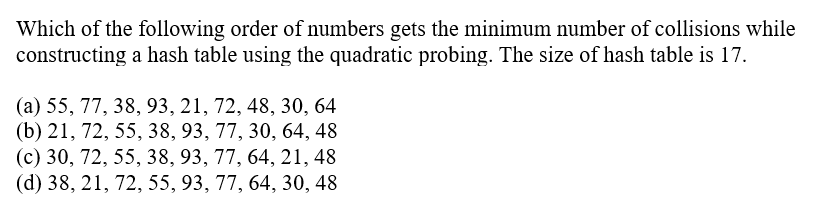 Which of the following order of numbers gets the minimum number of collisions while
constructing a hash table using the quadratic probing. The size of hash table is 17.
(a) 55, 77, 38, 93, 21, 72, 48, 30, 64
(b) 21, 72, 55, 38, 93, 77, 30, 64, 48
(c) 30, 72, 55, 38, 93, 77, 64, 21, 48
(d) 38, 21, 72, 55, 93, 77, 64, 30, 48