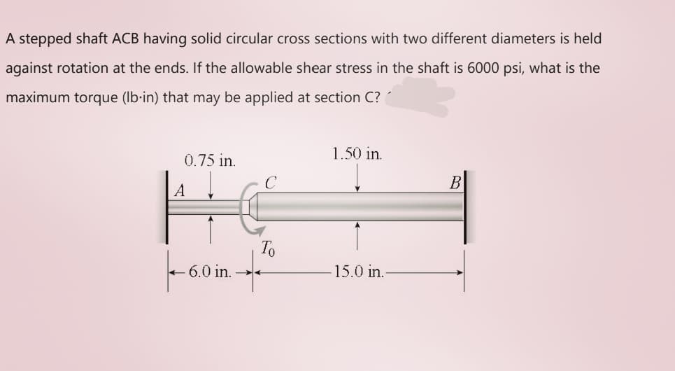 A stepped shaft ACB having solid circular cross sections with two different diameters is held
against rotation at the ends. If the allowable shear stress in the shaft is 6000 psi, what is the
maximum torque (Ib-in) that may be applied at section C?
1.50 in.
0.75 in.
B
A
To
+ 6.0 in.
15.0 in.
