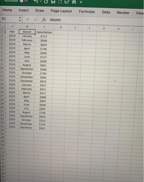 OFF
Home
Insert
Draw
Page Layout
Formulas
Data
Review
View
B1
v fx Month
A
B
D
E
G.
H.
1
Year
Month
Sales Dollars
2.
2019
January
$717
3
2019
February
$838
4
2019
March
$859
2019
April
$746
2019
May
$946
2019
June
$727
8.
2019
July
August
September
$998
$801
6.
2019
10
2019
$988
$780
11
2019
October
12
2019
November
$866
13
2019
December
$826
14
2020
January
February
$957
15
2020
$851
16
2020
March
$917
17
2020
April
$888
18
2020
May
$845
19
2020
June
$998
20
2020
July
August
September
October
$995
21
2020
$769
22
2020
$805
23
2020
$916
24
2020
November
$724
25
2020
December
$941
26
27
28
29
30
31
32
33
34
35
36
37
38
39
40
