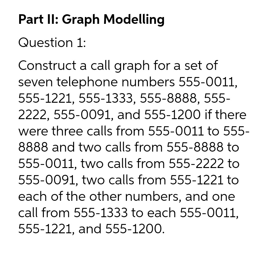 Part II: Graph Modelling
Question 1:
Construct a call graph for a set of
seven telephone numbers 555-0011,
555-1221, 555-1333, 555-8888, 555-
2222, 555-0091, and 555-1200 if there
were three calls from 555-0011 to 555-
8888 and two calls from 555-8888 to
555-0011, two calls from 555-2222 to
555-0091, two calls from 555-1221 to
each of the other numbers, and one
call from 555-1333 to each 555-0011,
555-1221, and 555-1200.