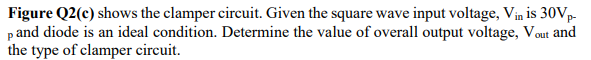 Figure Q2(c) shows the clamper circuit. Given the square wave input voltage, Vin is 30Vp-
p and diode is an ideal condition. Determine the value of overall output voltage, Vout and
the type of clamper circuit.
