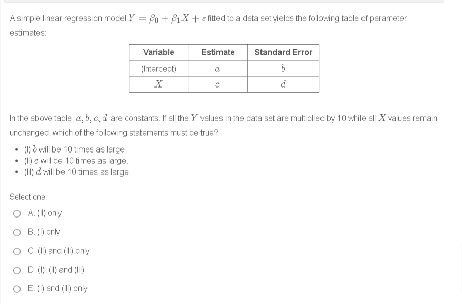 A simple linear regression model Y = Bo + B1X + €e fitted to a data set yields the following table of parameter
estimates:
Variable
Estimate
Standard Error
(Intercept)
a
d
In the above table, a, b, c, d are constants. If all the Y values in the data set are multiplied by 10 while all X values remain
unchanged, which of the following statements must be true?
• (1) 6 will be 10 times as large.
(1I) c will be 10 times as large.
(II) d will be 10 times as large.
Select one:
O A. (II) only
O B. (1) only
O C.(I) and (II) only
D. (1), (II) and (II)
O E. (I) and (I) only
