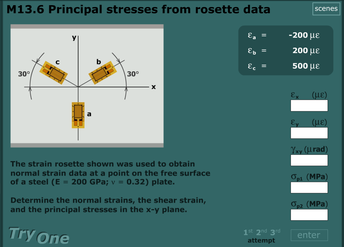 M13.6 Principal stresses from rosette data
scenes
-200 µE
23
Eb =
200 με
Ec
500 µE
30°
30°
Ex
(LE)
a
Ey
(µE)
Yxy (Lurad)
The strain rosette shown was used to obtain
normal strain data at a point on the free surface
of a steel (E = 200 GPa; v = 0.32) plate.
Op1 (MPa)
Determine the normal strains, the shear strain,
and the principal stresses in the x-y plane.
Op2 (MPa)
Try One
1st 2nd 3rd
attempt
enter
