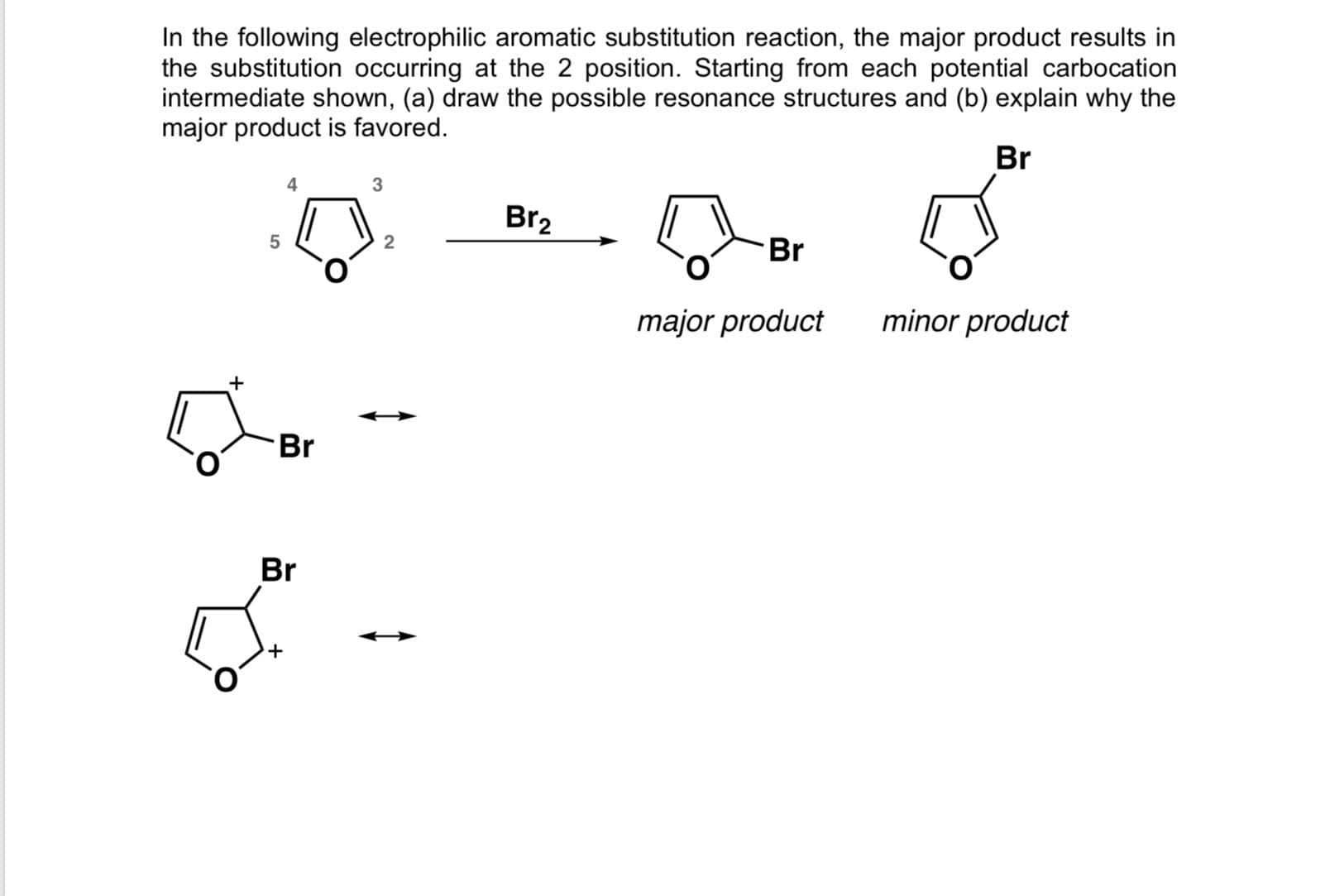 In the following electrophilic aromatic substitution reaction, the major product results in
the substitution occurring at the 2 position. Starting from each potential carbocation
intermediate shown, (a) draw the possible resonance structures and (b) explain why the
major product is favored.
Br
4
Br2
5
Br
major product
minor product
+
Br
Br
2.
LO
