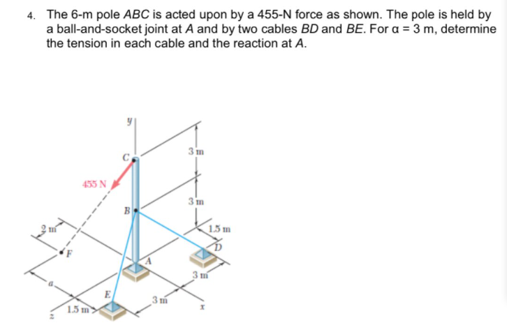 4. The 6-m pole ABC is acted upon by a 455-N force as shown. The pole is held by
a ball-and-socket joint at A and by two cables BD and BE. For a = 3 m, determine
the tension in each cable and the reaction at A.
3 m
455 N
3 m
B
15 m
E
1.5 m
