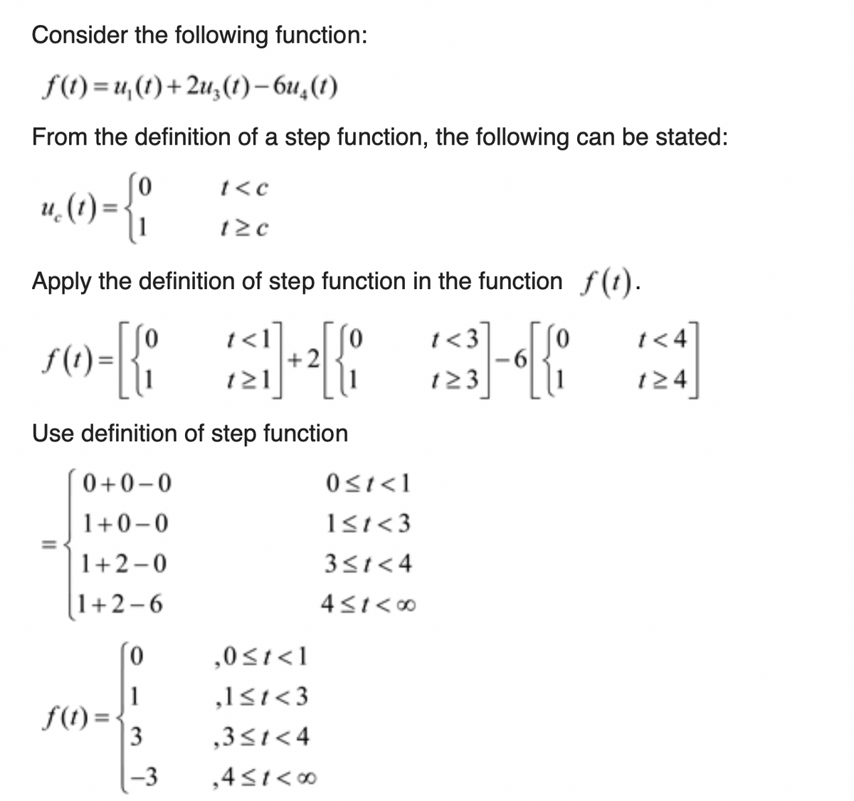 Consider the following function:
f(t)=u₁(1)+2u₂(1)-6u₂(1)
From the definition of a step function, the following can be stated:
u.()= {i
Apply the definition of step function in the function f(t).
t<3
10-03-²83-844]
+2
t<c
t>c
f(t)=
Use definition of step function
0+0-0
1+0-0
1+2-0
1+2-6
0
3
-3
<1
,0<t<1
1≤1<3
,3<t<4
,4≤1 <00
0<t<1
1<t<3
3≤t < 4
4≤1 <00
t<4